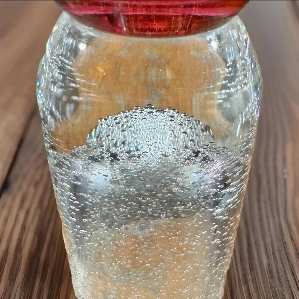 CRYSTAL Vase 9” Clear /Cranberry Home Blown Bubbled Flute Glass GORGEOUS RARE